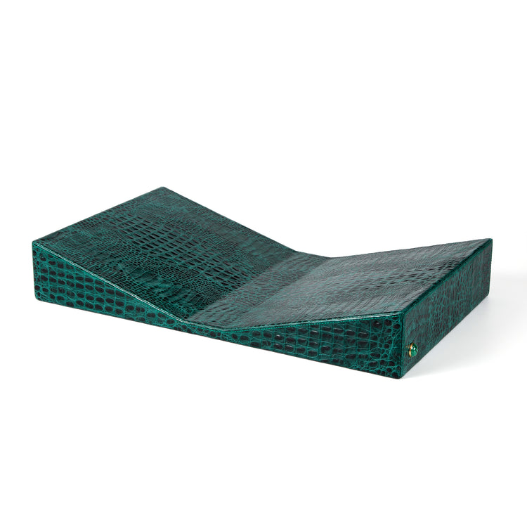 Larger size of our bestselling Bibliotheque bookstand, perfect to display your larger books. This is the perfect decoration and touch of style for your coffee table. 100% Leather (Embossed Croco) Jeweled with natural malachite stone, 24K Gold plated accessory