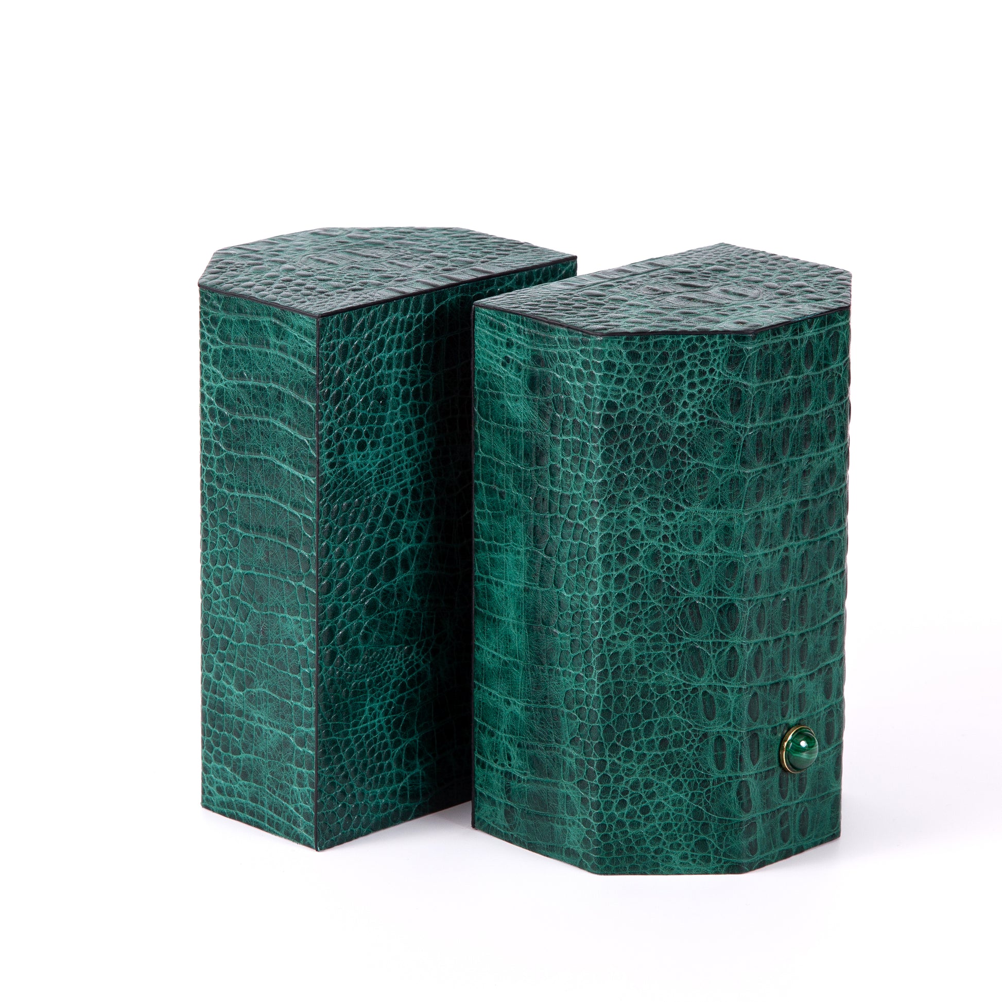 Croco bookends to add style and exotica to any library. Solid geometric blocks of wood covered in leather are the essential jewels on a bookshelf. %100 Leather (Embossed Croco) Jeweled with natural malachite stones