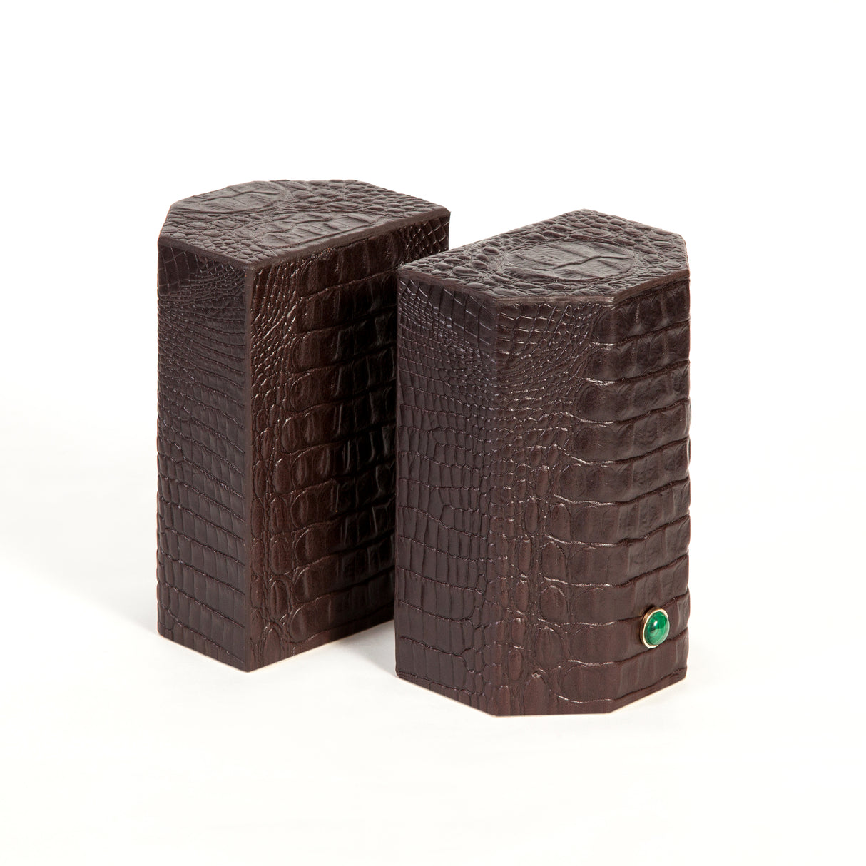 Croco bookends to add style and exotica to any library.  Solid geometric blocks of wood covered in leather are the essential jewels on a bookshelf.  %100 Leather (Embossed Croco)   Jeweled with natural malachite stones