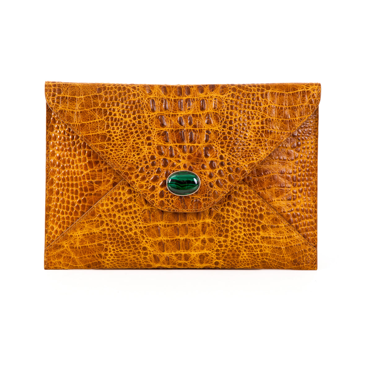 Envelopes of Madame Malachite sealed with her kiss, with our signature green malachite inner lining. Carry the magic of malachite everywhere you go.  %100 Leather (Embossed Croco)  Jeweled with natural malachite stone, 24K gold plated