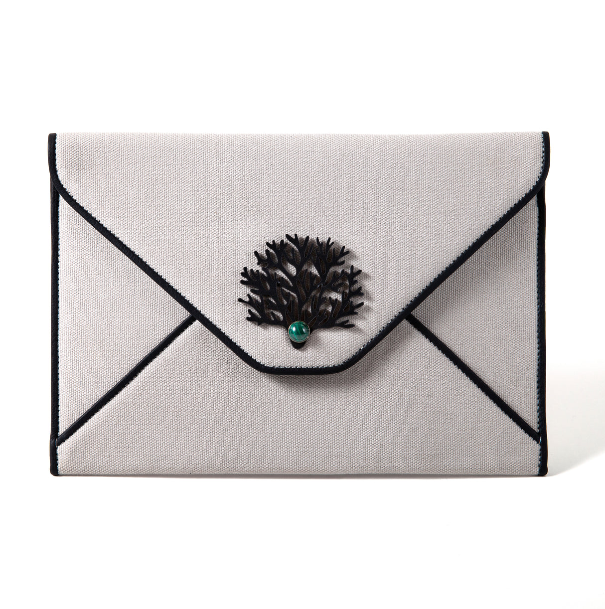 A canvas envelope trimmed with leather and sealed with a coral and malachite kiss!  Coral is believed to be endowed with mysterious sacred properties. It is a symbol of modesty, wisdom, and happiness.    Madame Malachite Design 