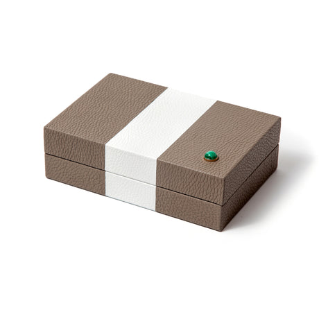Marine Riley Boxes  Adding color to life with our small boxes. Striped with leather marquetry technique and lined with our signature malachite lining these boxes are designed and handcrafted with love to add joy to your decoration.