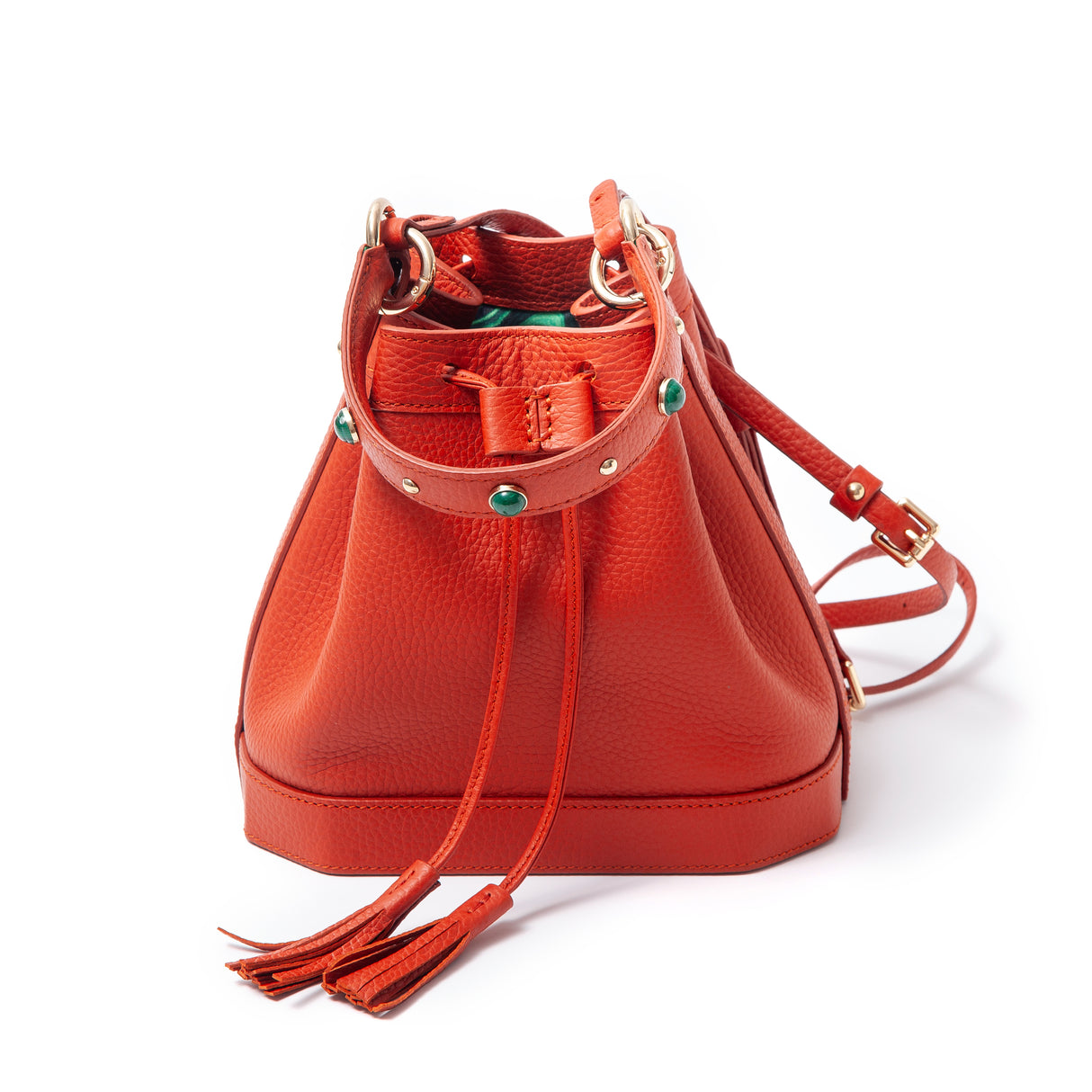 Madame Malachite Jeweled with malachite and agate stones, this bucket bag will help you catch those special moments.  100% Leather, natural malachite stone 