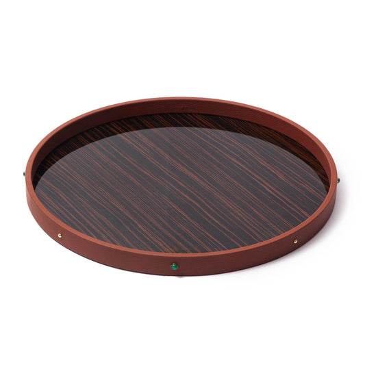 Madame Malachite Trays. Madame's mature midnight chicness in a tray... use of ebony wood is highlighted in high-gloss with a leather border studded in signature malachite stone.