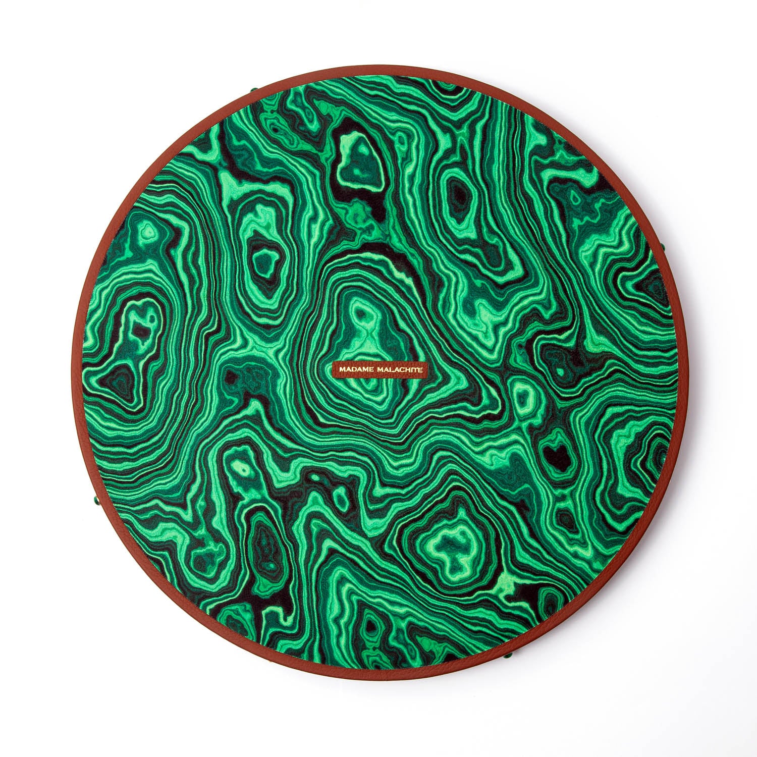 Madame Malachite Trays. Madame's mature midnight chicness in a tray...  use of ebony wood is highlighted in high-gloss with a leather border studded in signature malachite stone.
