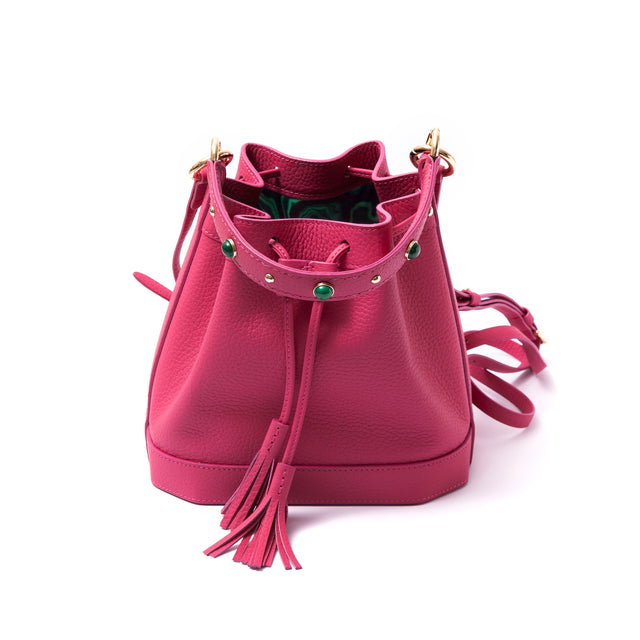 Madame Malachite Jeweled with malachite and agate stones, this bucket bag will help you catch those special moments.  100% Leather, natural malachite stone 