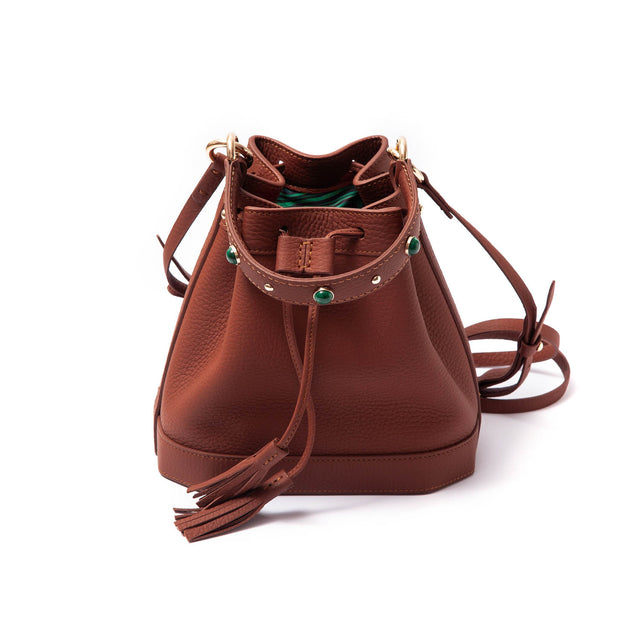 Madame Malachite Jeweled with malachite and agate stones, this bucket bag will help you catch those special moments.  100% Leather, natural malachite stone 