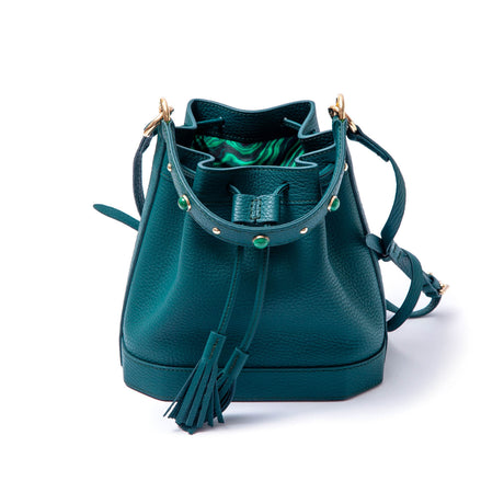 Madame Malachite Jeweled with malachite and agate stones, this bucket bag will help you catch those special moments.  100% Leather, natural malachite stone 