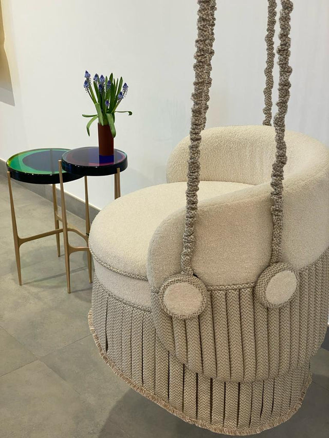 A splendid showcase of craftsmanship, this swing is fashioned of refined fabrics and materials, exclusively designed for Madame Malachite Gallery by Monica Gasperini in a neutral palette.