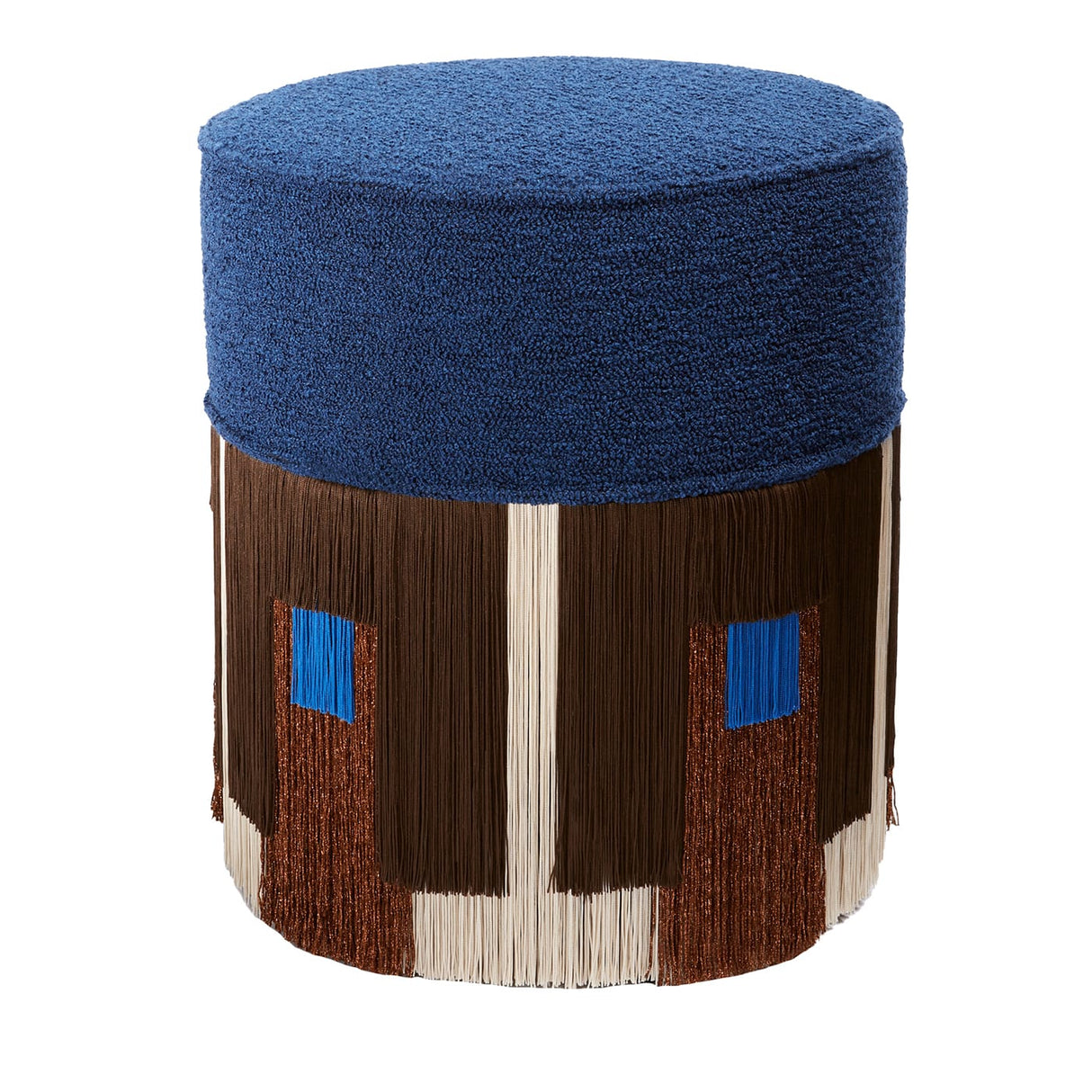 Cleo Clu Pouf A colorful accessory that will effortlessly elevate a contemporary or classic room, Cleo Clu pouf by Lorenza Bazzoli is entirely handcrafted and showcases a refined royal blue upholstered padded footrest along with a superbly designed geometric pattern floor-length fringe skirt. Each piece is numbered and signed by the artist. Customization is also available