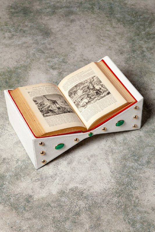 Madame Malachite Butterfly sculptural bookstand for your coffee table, a jewel for your library.  Customize color and stones, with matching Bibliotheque bookends.  %100 Leather