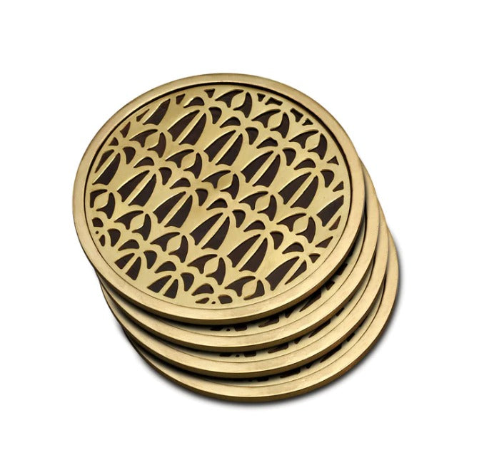 The artisans of Venice inspire us with carefully guarded techniques handed down from the ancient world, one generation of artisans to the next. Meticulously handcrafted in antiqued brass, our Fortuny venise coasters are rich in texture and global in design.  4 D in (10 D cm) Presented in a luxury gift box Set of 4 24k Gold Plated