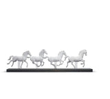 Four galloping horses white matte porcelain sculpture held together by a transparent methacrylate base on a dark brown wooden stand.  Weight 2.2 kg  Finished Matte  Dimensions Height (cm): 23 Width (cm): 81 Length (cm): 12  Sculptor Alfredo Llorens