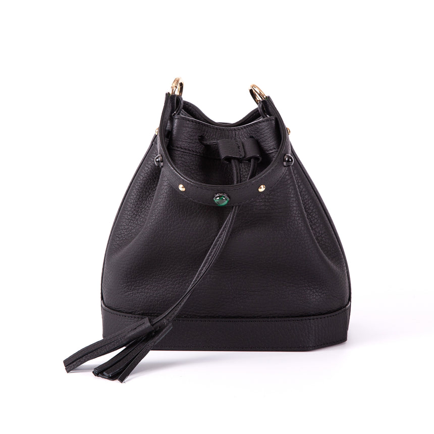 Madame Malachite Jeweled with malachite and agate stones, this bucket bag will help you catch those special moments.  100% Leather, natural malachite stone 