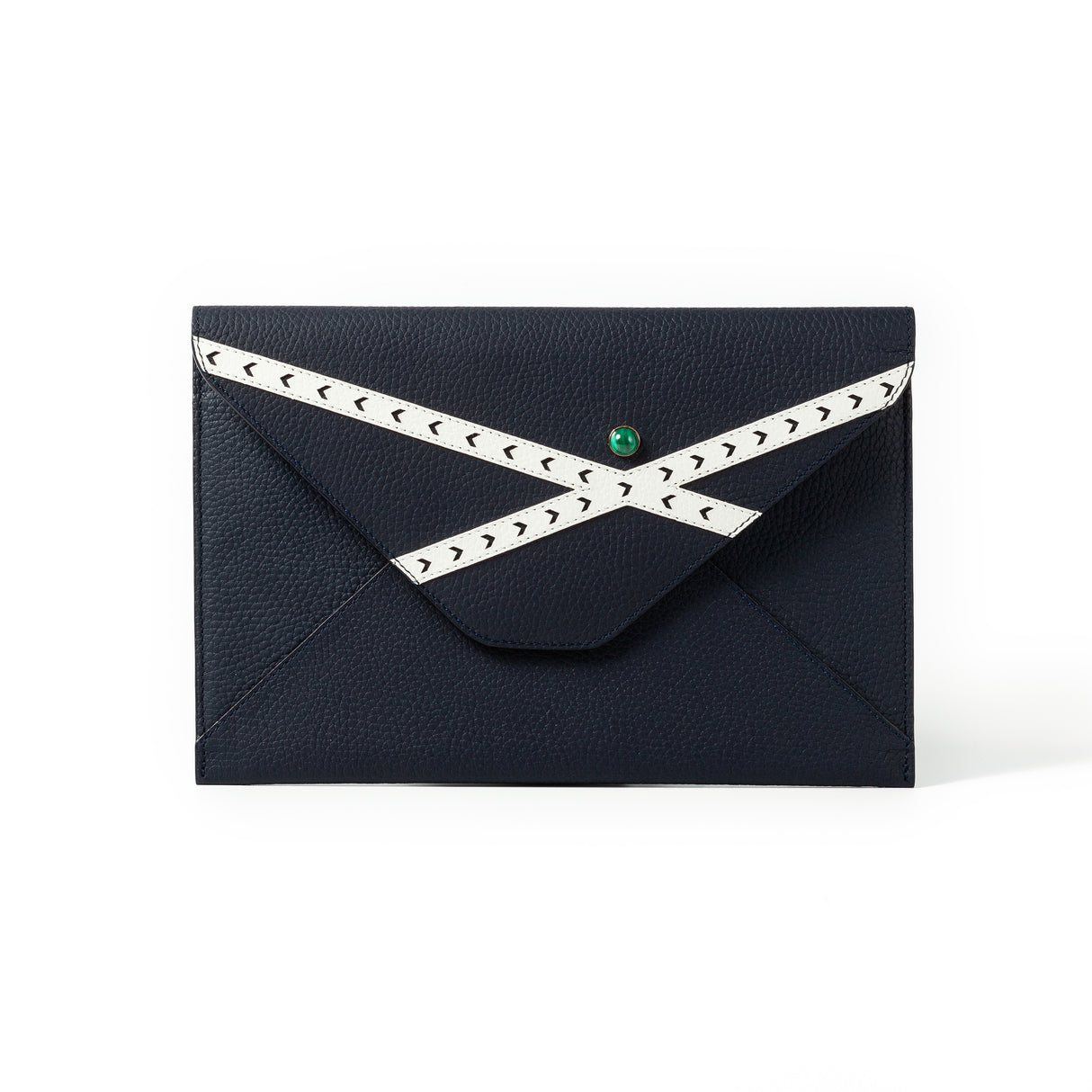Madame Malachite The Crossroads envelope is the perfect talisman for you to carry everywhere you go. You will be surprised how much you can fit into this beautiful envelope clutch.  100% Leather (Cork & Leather combination is also available)  Handcrafted with love, jeweled with natural malachite stone.