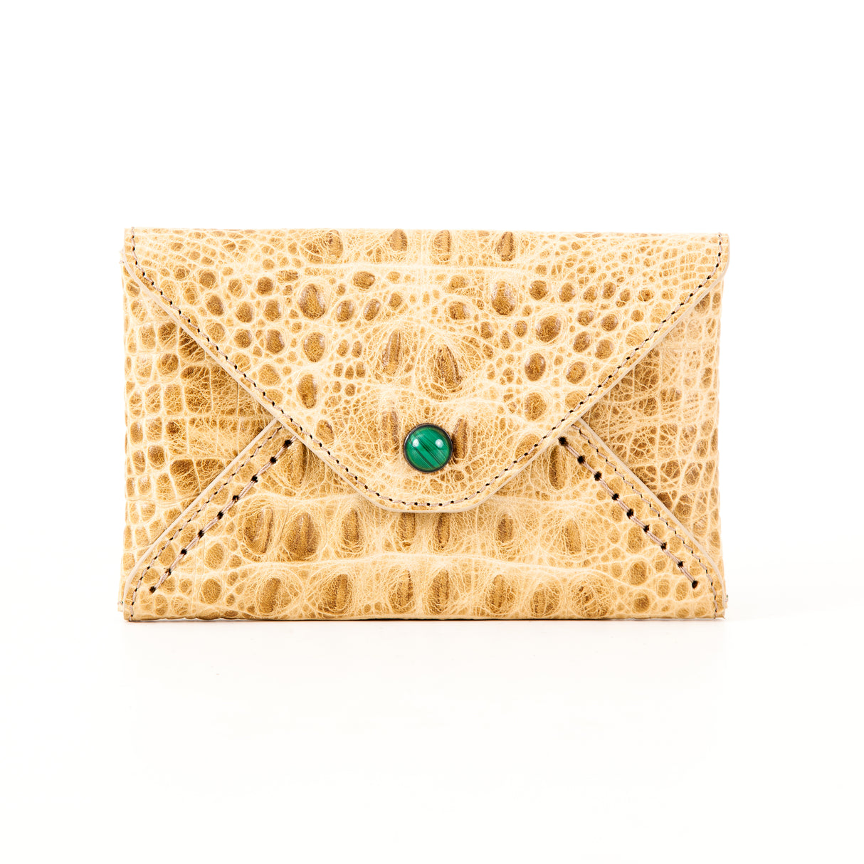 Mini envelopes sealed with Madame Malachite's kiss, as a wallet or passport holder.  100% Embossed Croco Leather   Jeweled with natural malachite stone