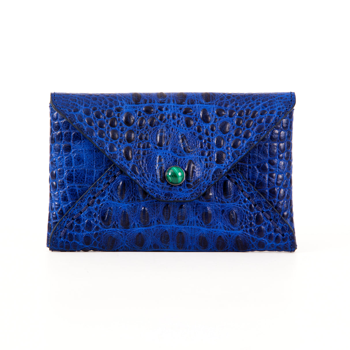 Mini envelopes sealed with Madame Malachite's kiss, as a wallet or passport holder.  100% Embossed Croco Leather   Jeweled with natural malachite stone