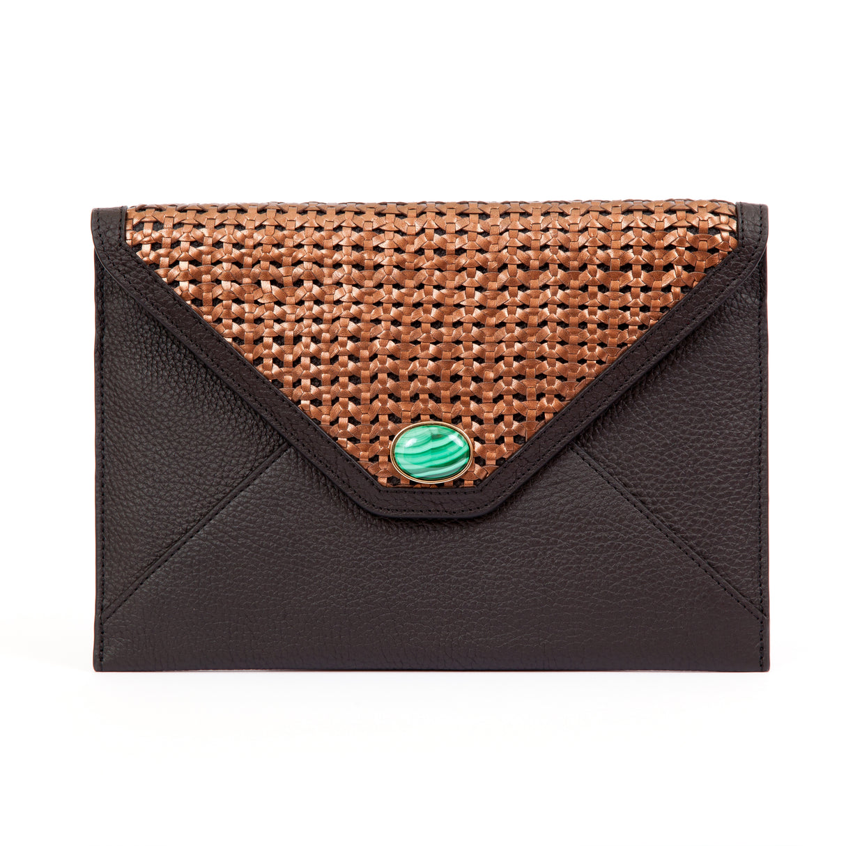 Envelopes of Madame Malachite sealed with her kiss, lined with our signature malachite fabric. Carry the magic of malachite everywhere you go.  %100 Leather with handwoven leather   Jeweled with natural malachite stone, 24K gold plated
