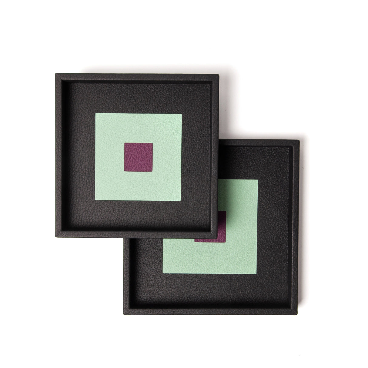 Madame Malachite Twinflame Trays (Set of 2 Square) Trays handcrafted using leather marquetry technique.